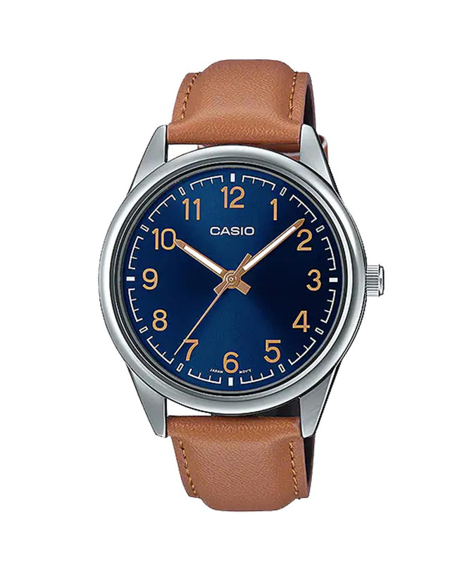 ساعت مچی کاسیو مردانه چرمی صفحه سورمه ای بندشتری مدل MTP-V005L-2B4UDF